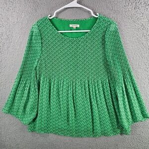 Max Studio Green Polka Dot Pleated Bell Sleeve Blouse Top Size Small